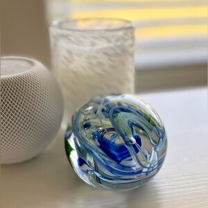 Aquamarine Blue and Green Swirling Art Glass Sphere Paperweight Circa 1960-69